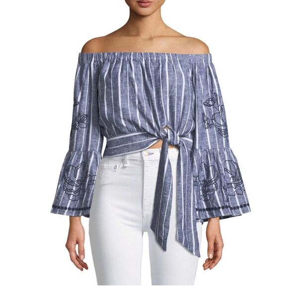 Parker Tops - Parker Georgina Blue White Stripe Off-Shoulder Peasant Top S Revolve Cropped